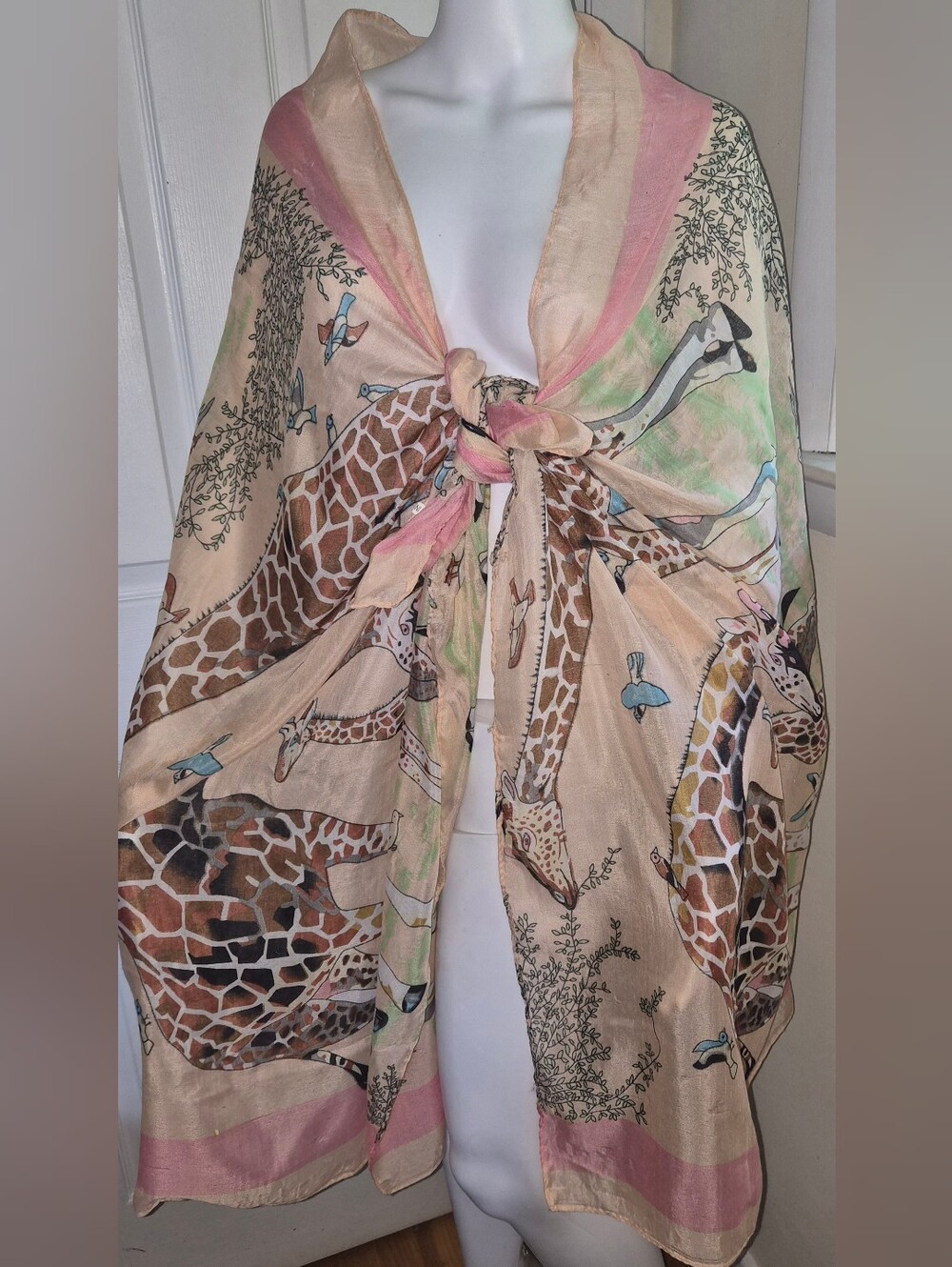 Giraffe Print Sheer Scarf Long Wrap Shawl - Peach Pink Wildlife Animal Motif